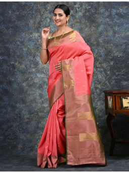 Ushvii - Sarika Coral Kanjeevaram Saree With Unstitched Blouse