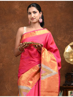 Ushvii - Pratha Pink Kanjeevaram Saree With Unstitched Blouse