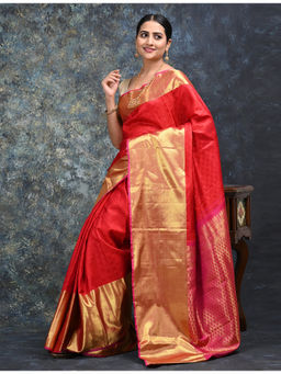 Ushvii - Pratha Red Kanjeevaram Saree With Unstitched Blouse