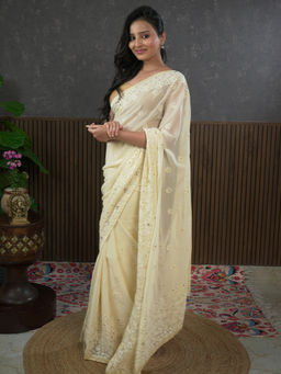 Ushvii - Nazakat Cream Karachi Work Saree With Unstitched Blouse