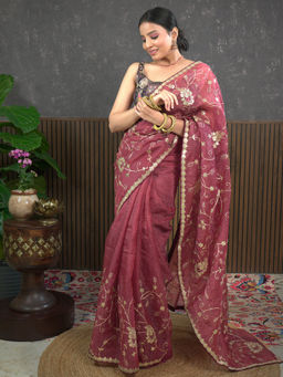 Ushvii - Gota Maroon Embroidered Saree With Unstitched Blouse