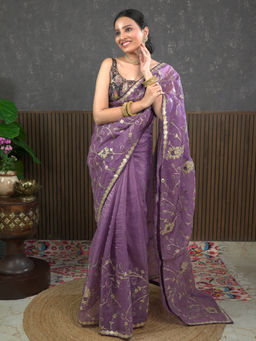 Ushvii - Gota Lavender Embroidered Saree With Unstitched Blouse