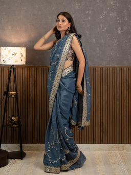 Ushvii - Gota Blue Embroidered Saree With Unstitched Blouse