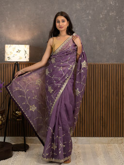 Ushvii - Gota Purple Embroidered Saree With Unstitched Blouse