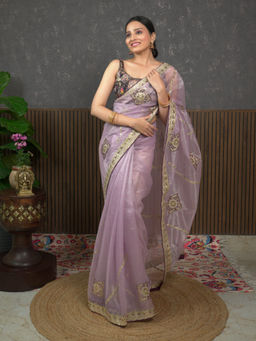 Ushvii - Gota Lavender Embroidered Saree With Unstitched Blouse