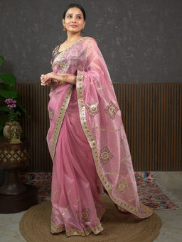 Ushvii - Gota Pink Embroidered Saree With Unstitched Blouse