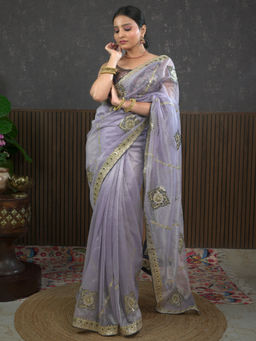 Ushvii - Gota Purple Embroidered Saree With Unstitched Blouse