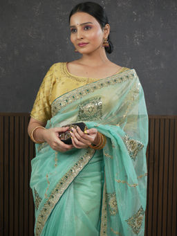 Ushvii - Gota Sea Green Embroidered Saree With Unstitched Blouse