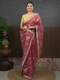 Ushvii - Gota Maroon Embroidered Saree With Unstitched Blouse