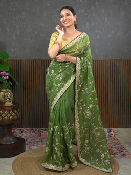 Ushvii - Gota Green Embroidered Saree With Unstitched Blouse