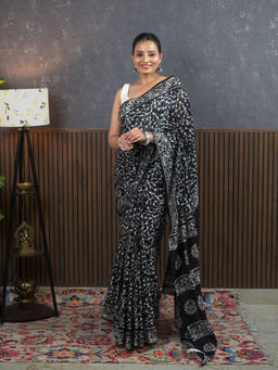 Ushvii - Suti Jaal Black Batik Saree With Unstitched Blouse