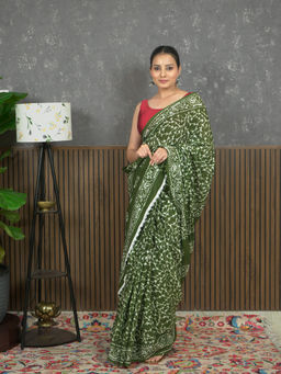 Ushvii - Suti Jaal Olive Batik Saree With Unstitched Blouse
