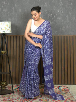 Ushvii - Suti Jaal Indigo Batik Saree With Unstitched Blouse