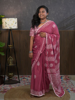 Ushvii - Suti Mudra Dusty Pink Batik Saree With Unstitched Blouse