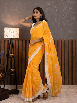 Ushvii - Suti Dil Yellow Batik Saree With Unstitched Blouse