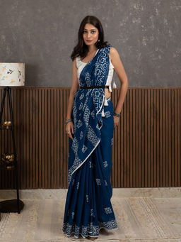 Ushvii - Suti Barfi Indigo Batik Saree With Unstitched Blouse