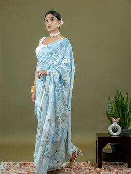Ushvii - Chhavi Sky Blue Marble Print Saree With Unstitched Blouse