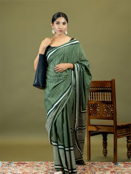Ushvii - Nira Olive Dabu Saree With Unstitched Blouse