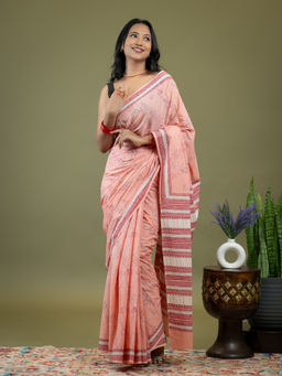 Ushvii - Gulkar Peach Dabu Saree With Unstitched Blouse
