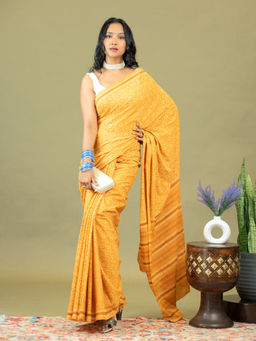 Ushvii - Taru Mustard Dabu Saree With Unstitched Blouse
