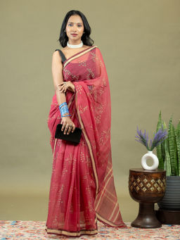 Ushvii - Raag Pink Dabu Saree With Unstitched Blouse