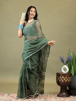 Ushvii - Raag Olive Dabu Saree With Unstitched Blouse