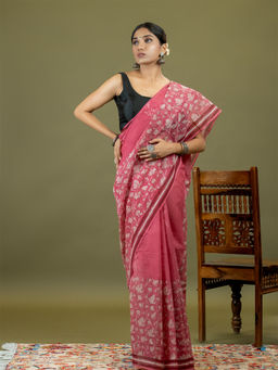 Ushvii - Resha Pink Dabu Saree With Unstitched Blouse