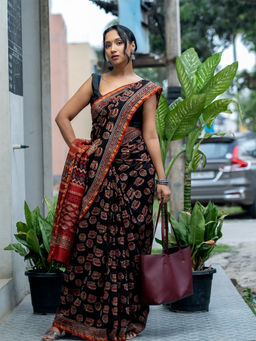 Ushvii - Avani Black Ajrakh Saree With Unstitched Blouse