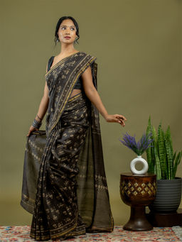 Ushvii - Avani Brown Ajrakh Saree With Unstitched Blouse