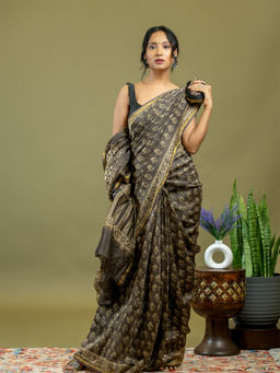 Ushvii - Saanjhi Brown Ajrakh Saree With Unstitched Blouse