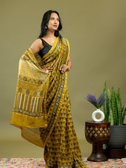 Ushvii - Saanjhi Mustard Ajrakh Saree With Unstitched Blouse