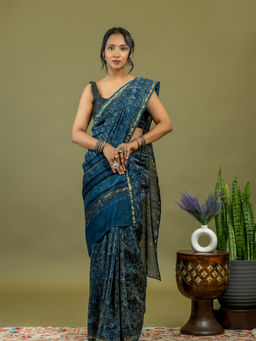 Ushvii - Raktika Indigo Ajrakh Saree With Unstitched Blouse