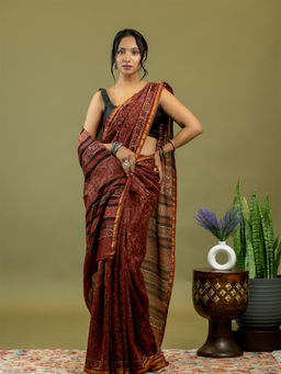 Ushvii - Raktika Maroon Ajrakh Saree With Unstitched Blouse