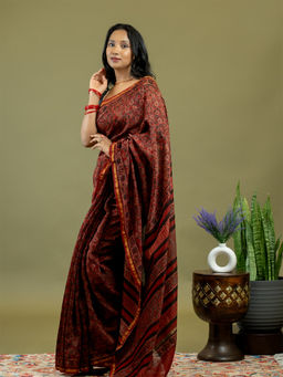Ushvii - Raktika Red Ajrakh Saree With Unstitched Blouse