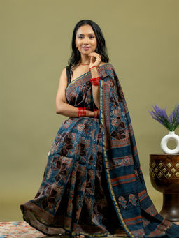 Ushvii - Raktika Indigo Ajrakh Saree With Unstitched Blouse