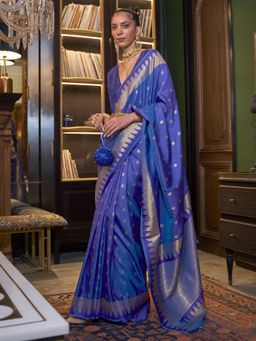Akhilam - Womens Silk Blend Navy Blue Woven Designer Saree with Unstitched Blouse