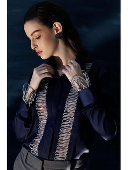 THE SILK LOVE - Aesthetic Waves Satin Crepe Shirt In Power Blue