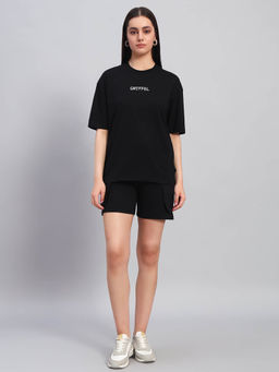 Griffel - Women Graphic Print Black T-Shirt and Shorts