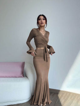 Outzidr - Brown Wrap Full Sleeves Top with Fit and Flare Skirt