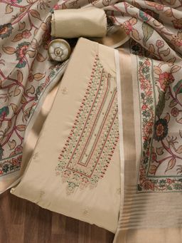 Koskii - Beige Printed and Embellished Cotton Unstitched Salwar Suit (Set of 3)