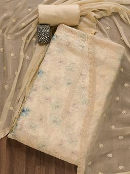 Koskii - Beige Embroidered- Thread Work Tissue Unstitched Salwar Suit (Set of 3) (Set of Three)
