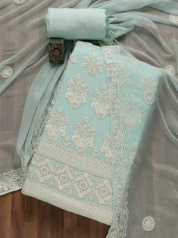 Koskii - Sky Blue Embroidered Georgette Unstitched Salwar Suit (Set of 3) (Set of Three)