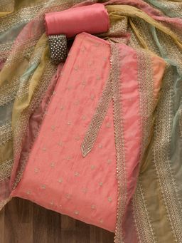 Koskii - Peach Zari Work Organza Unstitched Salwar Suit (Set of 3) (Set of Three)