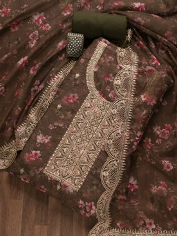 Koskii - Brown Zari Work Tissue Unstitched Salwar Suit (Set of 3) (Set of Three)