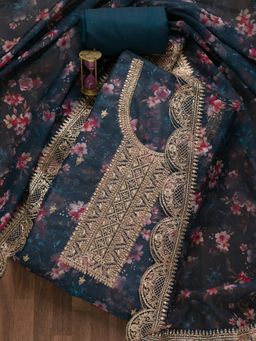 Koskii - Navy Blue Zari Work Tissue Unstitched Salwar Suit (Set of 3) (Set of Three)