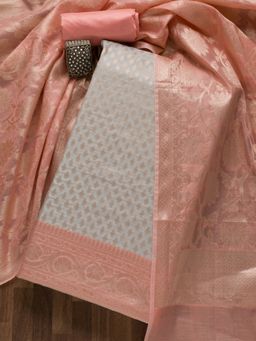 Koskii - Grey and Peach Woven- Zari Work Banarasi Unstitched Salwar Suit (Set of 3) (Set of Three)