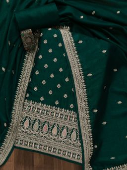Koskii - Bottle Green Embroidery Zari Work Art Silk Unstitched Salwar Suit (Set of 3) (Set of Three)