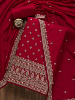 Koskii - Rani Pink Embroidery Zari Work Art Silk Unstitched Salwar Suit (Set of 3) (Set of Three)