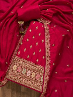 Koskii - Dark Pink Zari Work Raw Silk Unstitched Salwar Suit (Set of 3) (Set of Three)