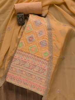 Koskii - Mustard Printed Crepe Unstitched Salwar Suit (Set of 3) (Set of Three)